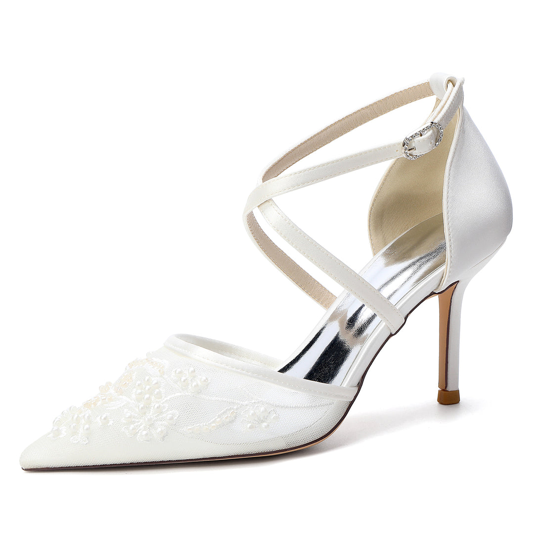 Women's Wedding Shoes Closed Toe High Heel High-End Buckle Bridal Shoes Crisscross Beading