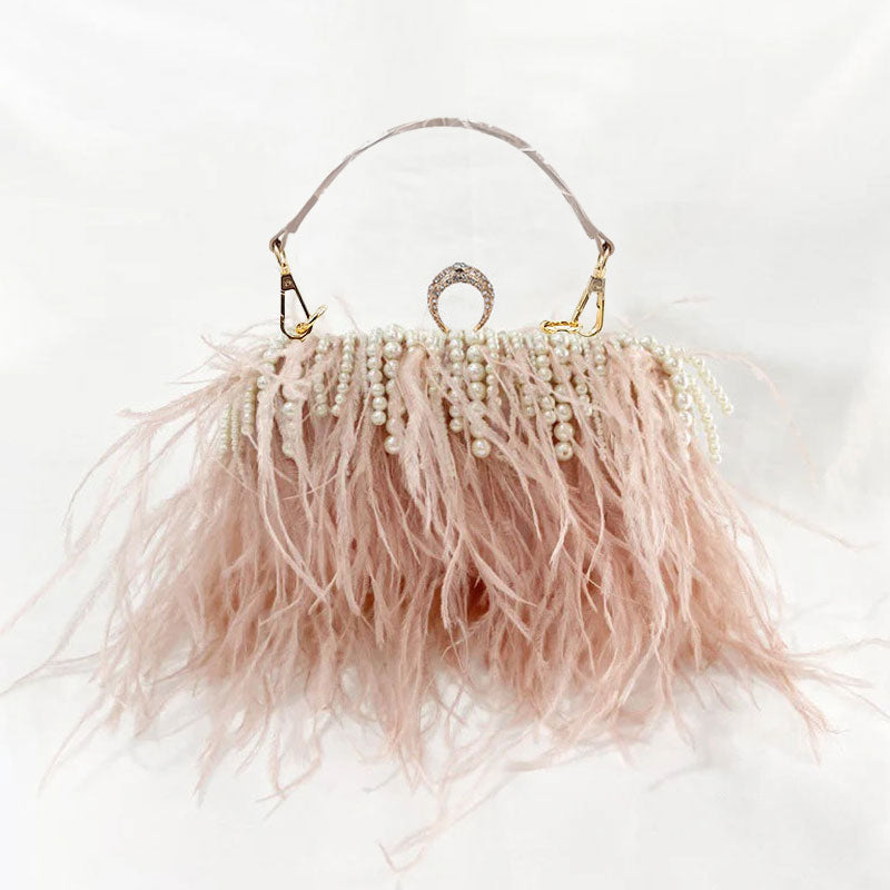 Pleated Chain Ostrich Feather Clutch Hand Bags