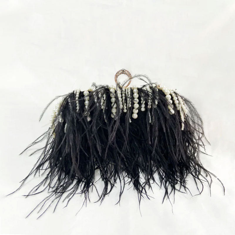 Pleated Chain Ostrich Feather Clutch Hand Bags