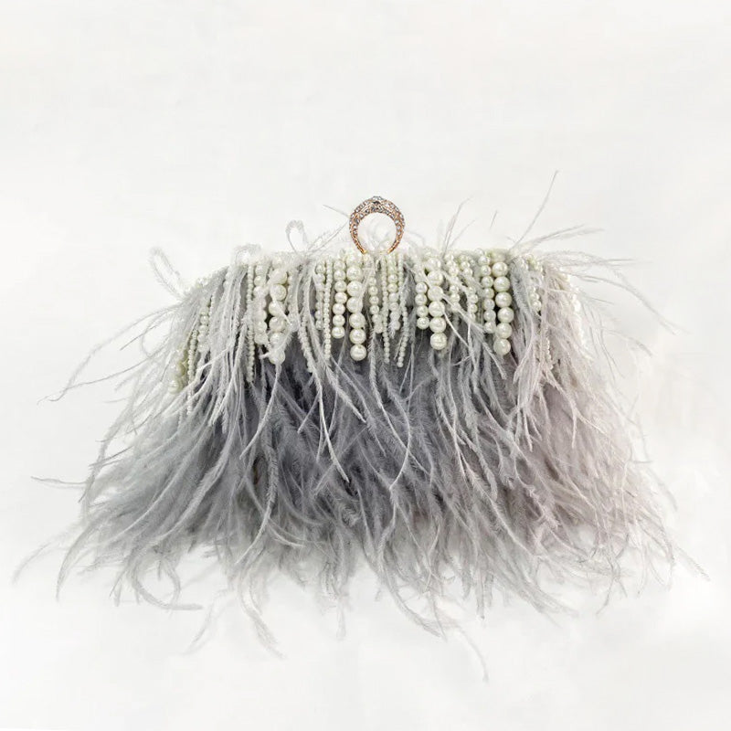 Pleated Chain Ostrich Feather Clutch Hand Bags