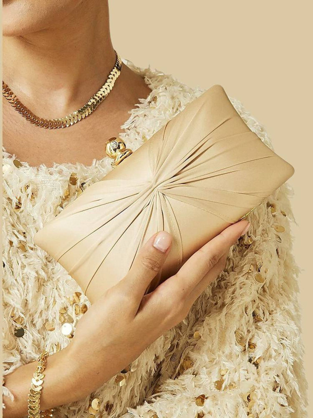 Elegant Satin Gold Chain Ruffle Clutch Bag with Crystal Clasp