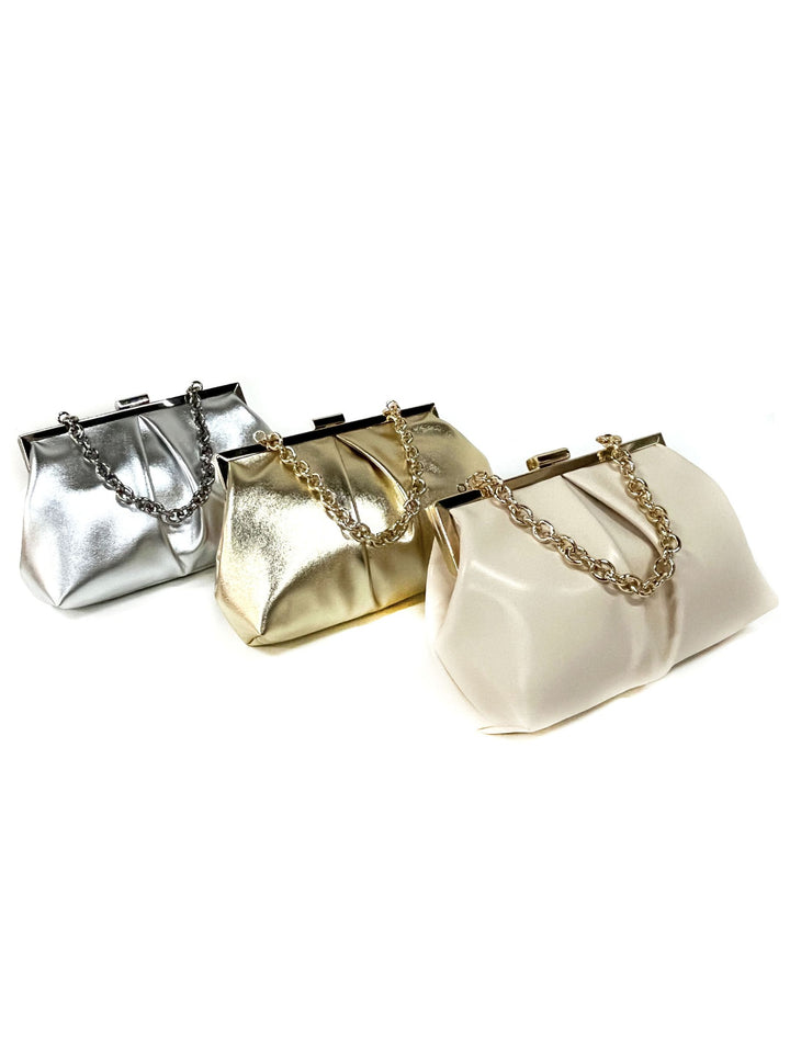 Gold Elegant Metallic Chain Clutch Bag With Ruffles