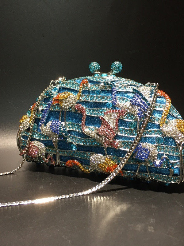 Women's Flamingo Metal Evening Party Clutch Bag with Fully Rhinestones