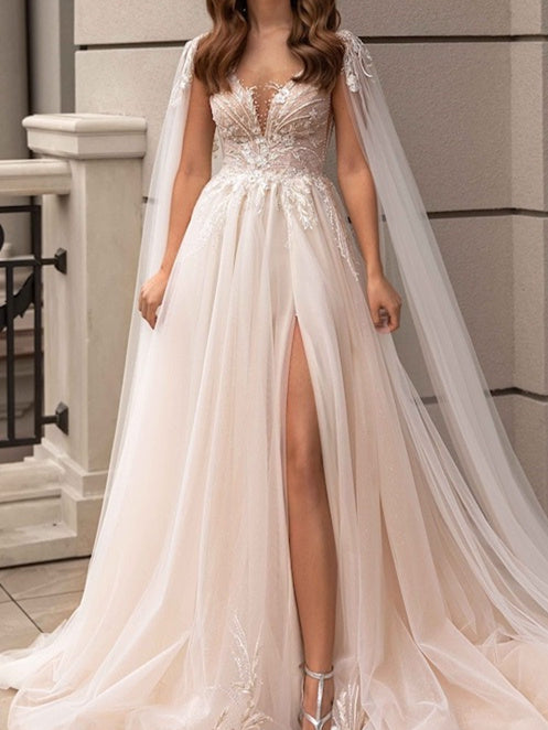 Tulle Wedding Dresses 2026 Women's A-Line Deep V-Neck Sleeveless Floor-Length Bridal Ball Gowns with Split Side & Appliques, Champagne Tulle Wedding Dresses 2026 Women's A-Line Deep V-Neck Sleeveless Floor-Length Bridal Ball Gowns with Split Side & Appliques, Champagne