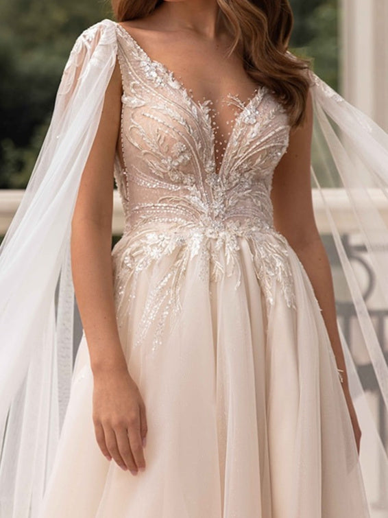 Tulle Wedding Dresses 2026 Women's A-Line Deep V-Neck Sleeveless Floor-Length Bridal Ball Gowns with Split Side & Appliques, Champagne Tulle Wedding Dresses 2026 Women's A-Line Deep V-Neck Sleeveless Floor-Length Bridal Ball Gowns with Split Side & Appliques, Champagne