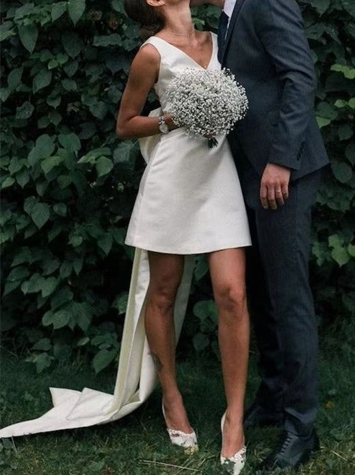 A-Line/Princess V-Neck Mini Wedding Dress with Bow, Ivory