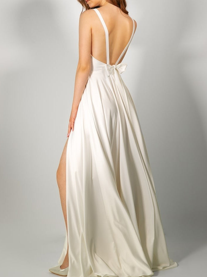 A-Line/Princess V Neck Floor-Length Wedding Dress With Bow & Split Side