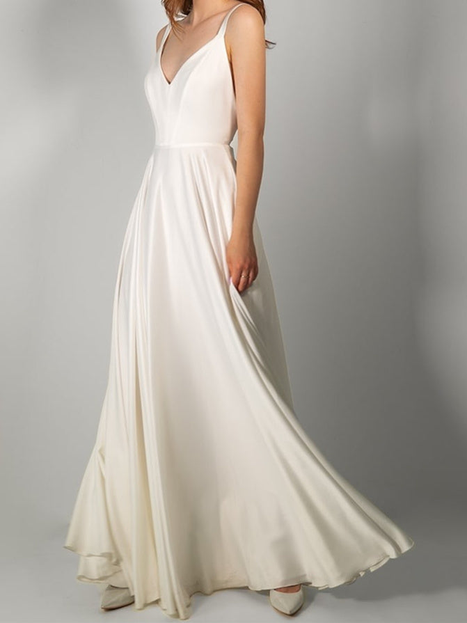 A-Line/Princess V Neck Floor-Length Wedding Dress With Bow & Split Side
