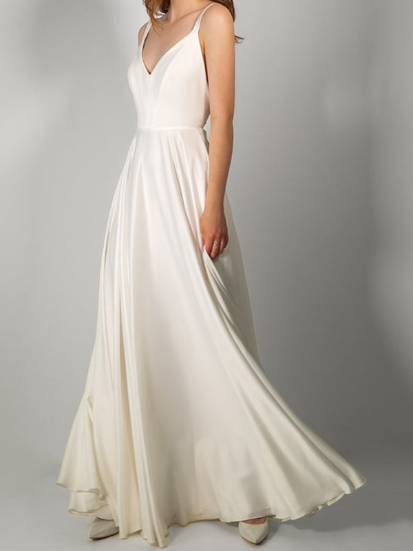 A-Line/Princess V Neck Floor-Length Wedding Dress With Bow & Split Side