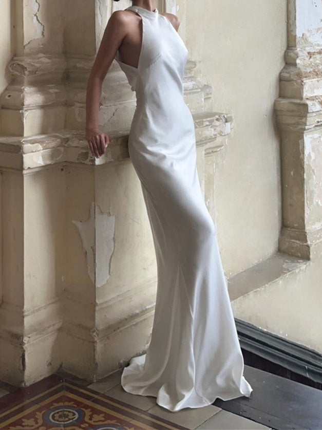 halter trumpet wedding dress Silk Satin Wedding Dresses for Women Halter Mermaid/Trumpet Sleeveless Floor-Length Formal Wedding Party Evening Gowns, Ivory