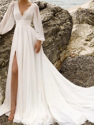 A-Line/Princess V-Neck Floor-Length Wedding Dress With Split Side ...