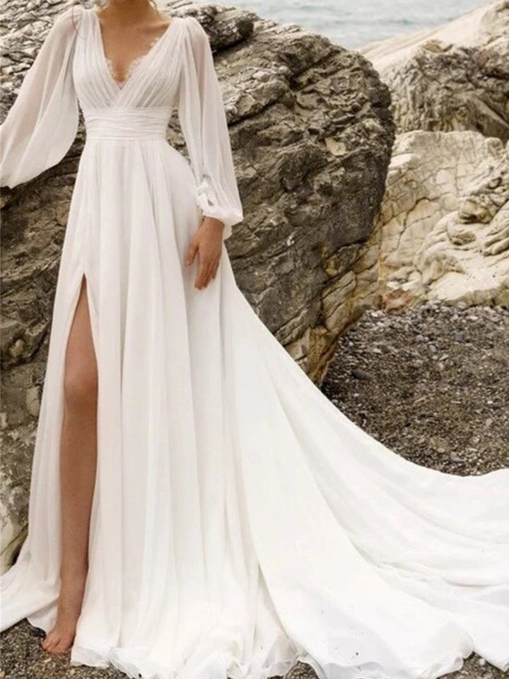 A-Line/Princess V-Neck Floor-Length Wedding Dress With Split Side