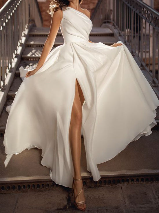 One-Shoulder Wedding Dresses 2026 Elegant Women's A-Line Sleeveless Floor-Length Formal Wedding Gowns with High Split, Ivory