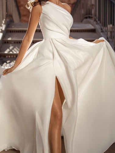 A-Line/Princess One-Shoulder Floor-Length Wedding Dress With Split Side