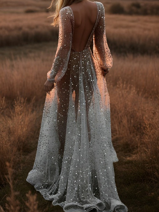 A-Line/Princess V-Neck Floor-Length Sequins Wedding Dress