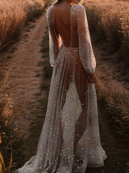 A-Line/Princess V-Neck Sleeveless Sequins Wedding Dresses main image 1