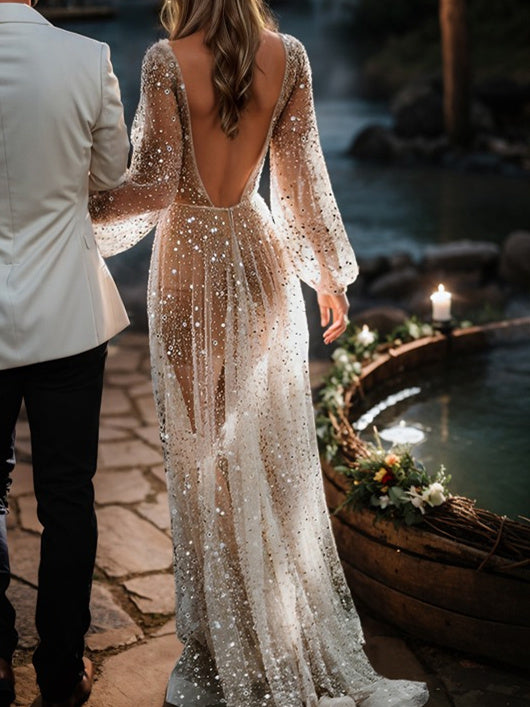 A-Line/Princess V-Neck Floor-Length Sequins Wedding Dress