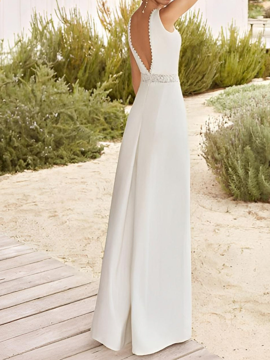 A-Line/Princess V-Neck Floor-Length Wedding Dress With Lace Sash