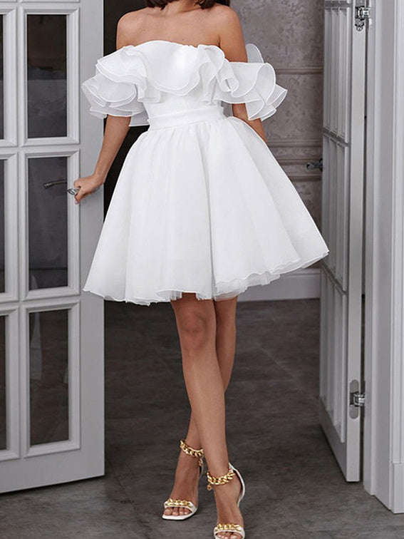 A-Line/Princess Off-The-Shoulder Short Wedding Dress, Ivory