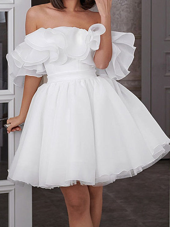 A-Line/Princess Off-The-Shoulder Short Wedding Dress, Ivory A-Line/Princess Off-The-Shoulder Short Wedding Dress, Ivory