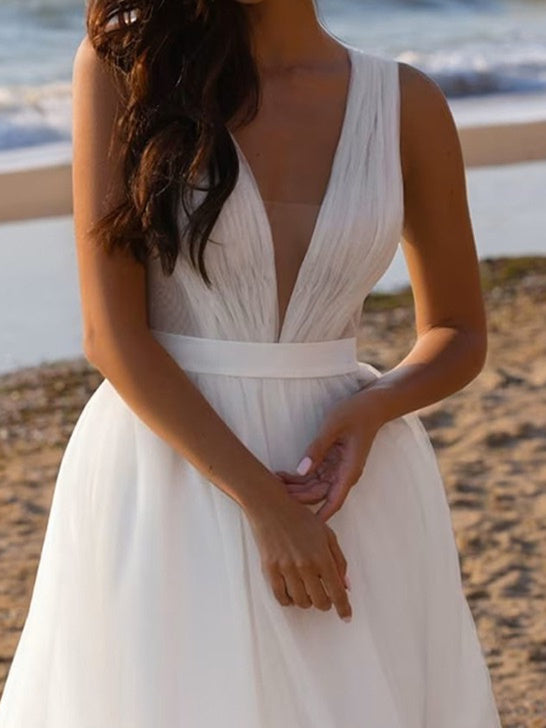 Tulle Wedding Dresses 2026 Elegant Women's Ball Gown A-Line Deep V-Neck Sleeveless Floor-Length Beach Wedding Gowns, Ivory Tulle Wedding Dresses 2026 Elegant Women's Ball Gown A-Line Deep V-Neck Sleeveless Floor-Length Beach Wedding Gowns, Ivory