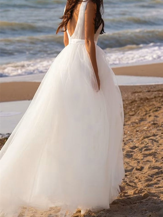 A-Line/Princess Deep V-Neck Floor-Length Tulle Wedding Dress - Mondressy A-Line/Princess Deep V-Neck Floor-Length Tulle Wedding Dress - Mondressy