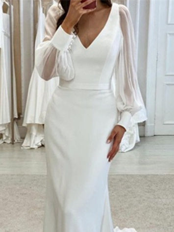 Trumpet/Mermaid V-Neck Floor-Length Long Sleeves Wedding Dress
