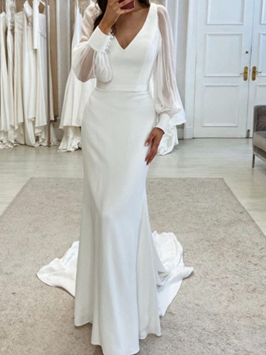 Trumpet/Mermaid V-Neck Floor-Length Long Sleeves Wedding Dress