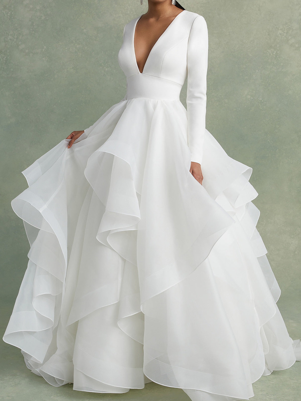 Organza Wedding Dresses 2026 Ball Gown A-Line Deep V-Neck Long Sleeves Floor-Length Formal Wedding Party Gowns with Ruffles, Ivory