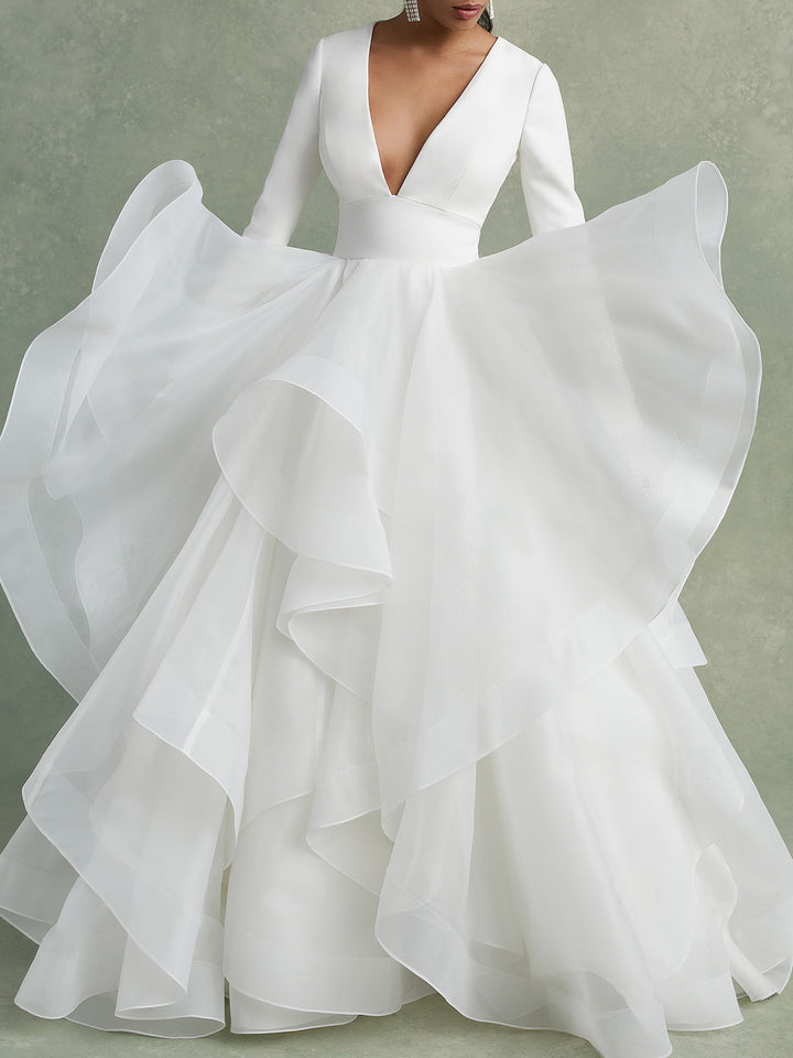 A-Line/Princess V-Neck Floor-Length Ball-Gown Wedding Dress With Ruffles
