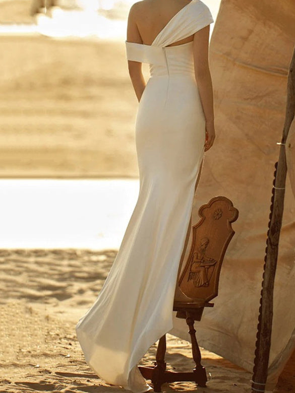 Sheath/Column One-Shoulder Silk Satin Wedding Dress With Split