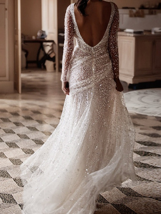 Sheath/Column V-Neck Floor-Length Sequins Wedding Dress With Split