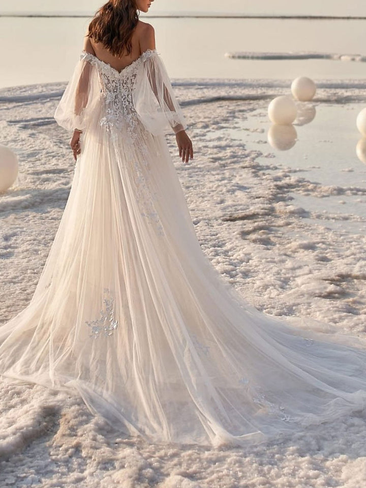A-Line/Princess Off-the-Shoulder Court Train Wedding Dress for Beaching Wedding