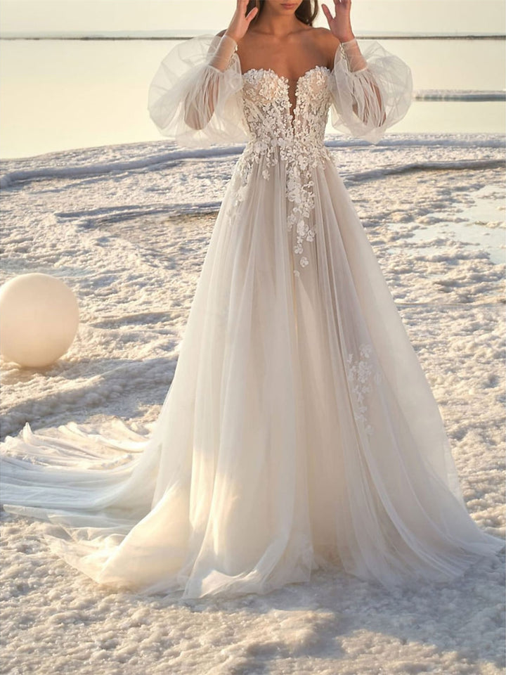 A-Line/Princess Off-the-Shoulder Court Train Wedding Dress for Beaching Wedding