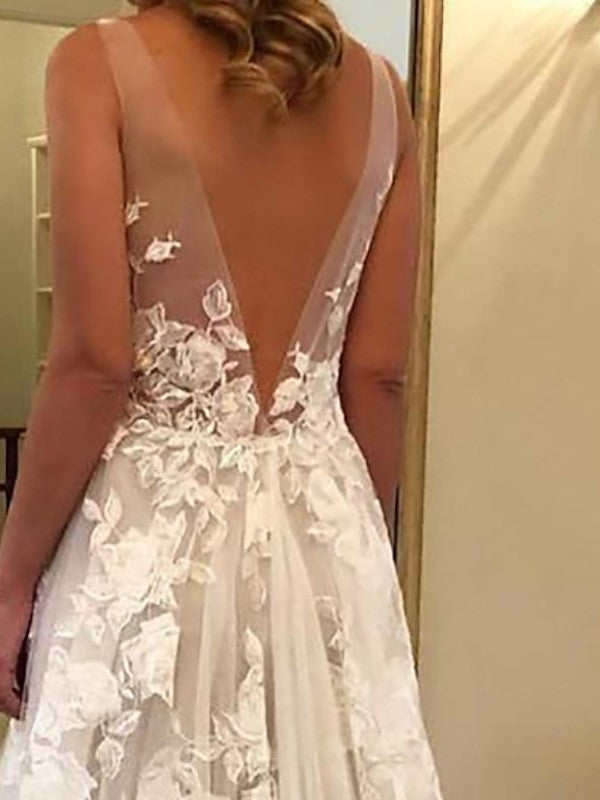 A-Line/Princess V-Neck Beach Wedding Dress with Appliques, Ivory A-Line/Princess V-Neck Beach Wedding Dress with Appliques, Ivory