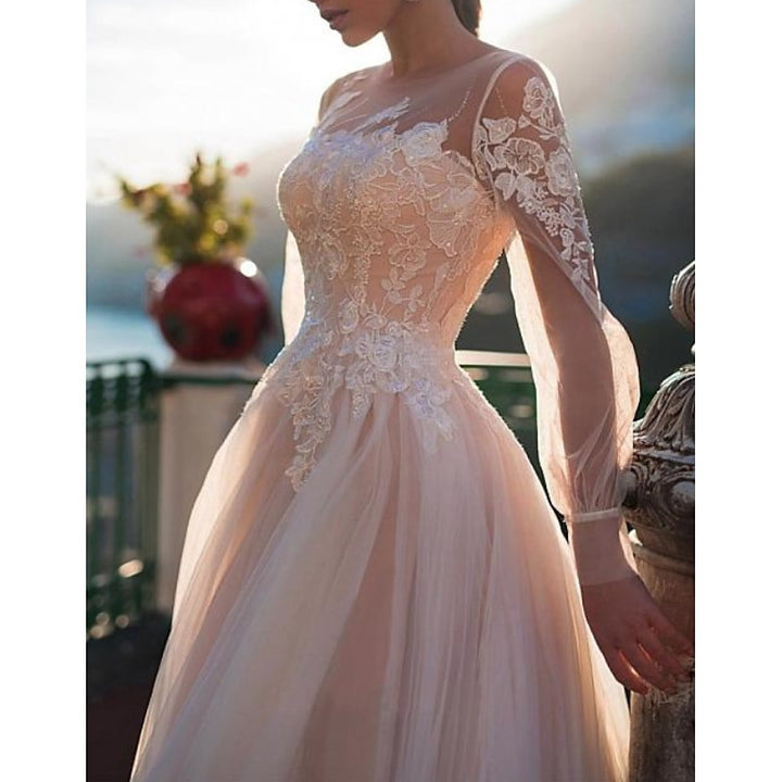 A-Line/Princess Illusion Neck Beach Wedding Dress with Embroidery Appliques