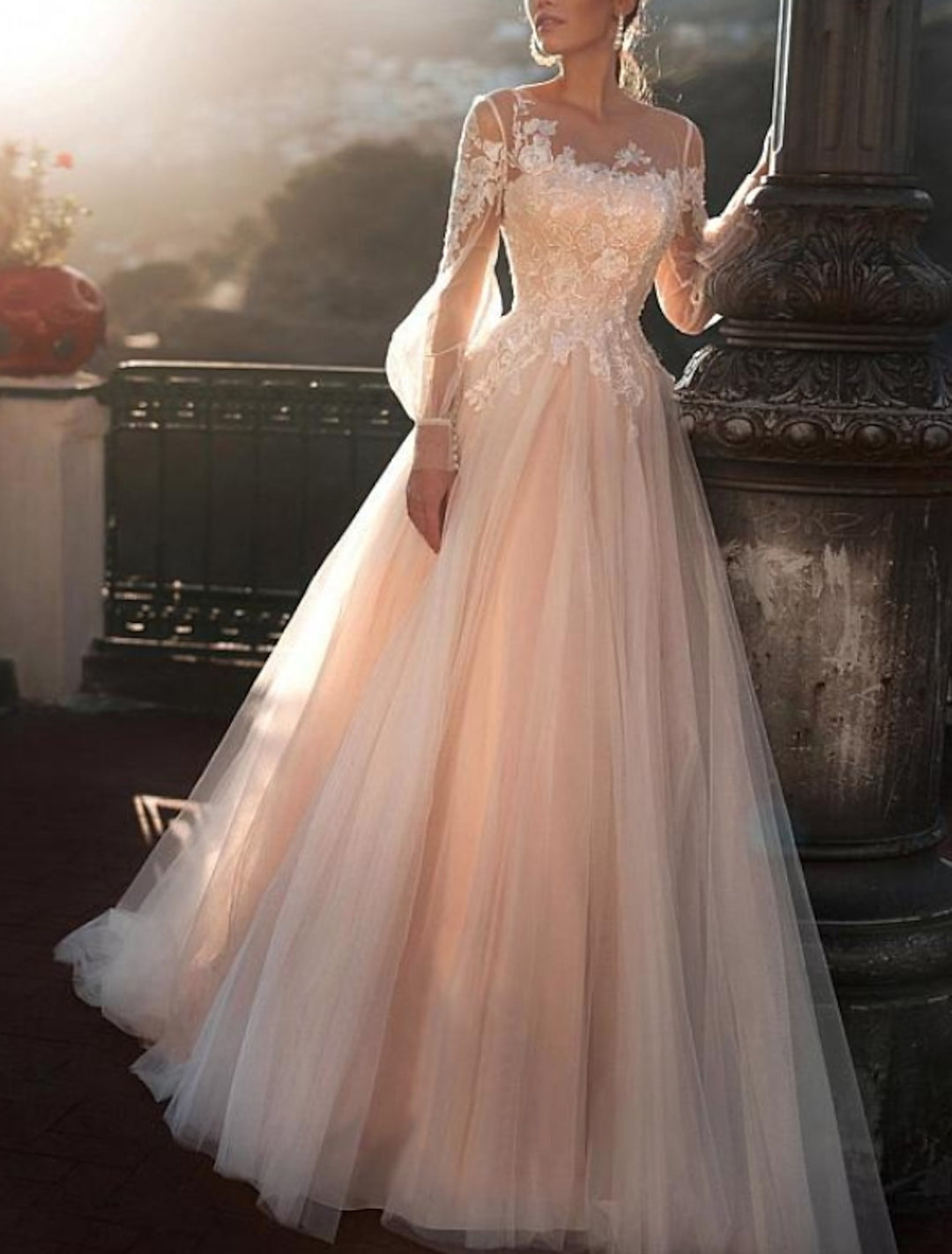 A-Line/Princess Illusion Neck Beach Wedding Dress with Embroidery Appliques