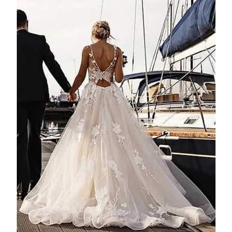 A-Line/Princess Beach Wedding Dress V Neck Sleeveless with Appliques, Champagne A-Line/Princess Beach Wedding Dress V Neck Sleeveless with Appliques, Champagne