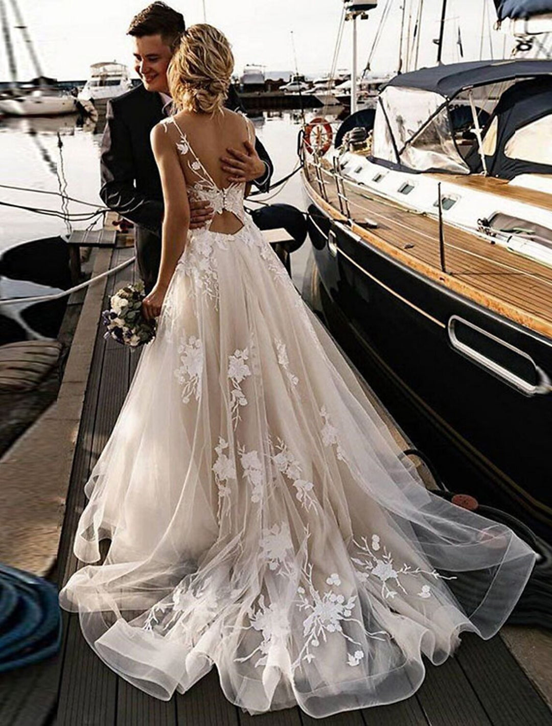 princess beach wedding dresses A-Line/Princess Beach Wedding Dress V Neck Sleeveless with Appliques, Champagne