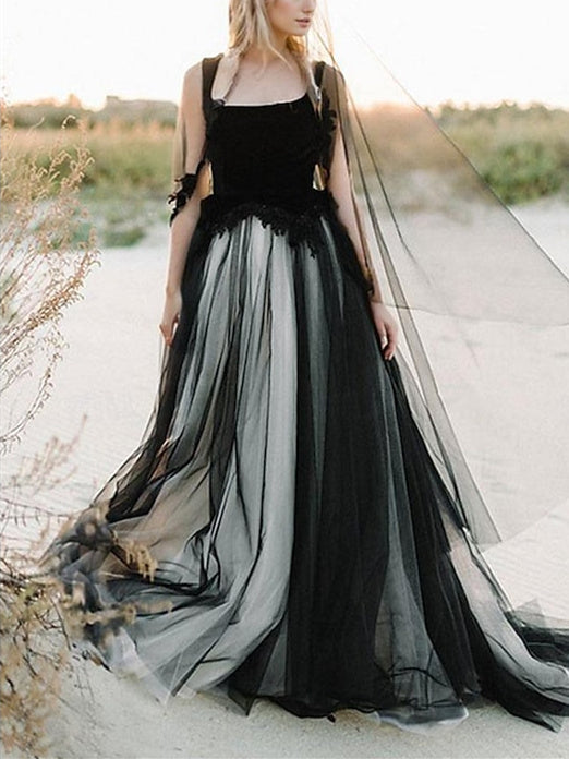A-line black wedding dress with V-neck and lace appliques