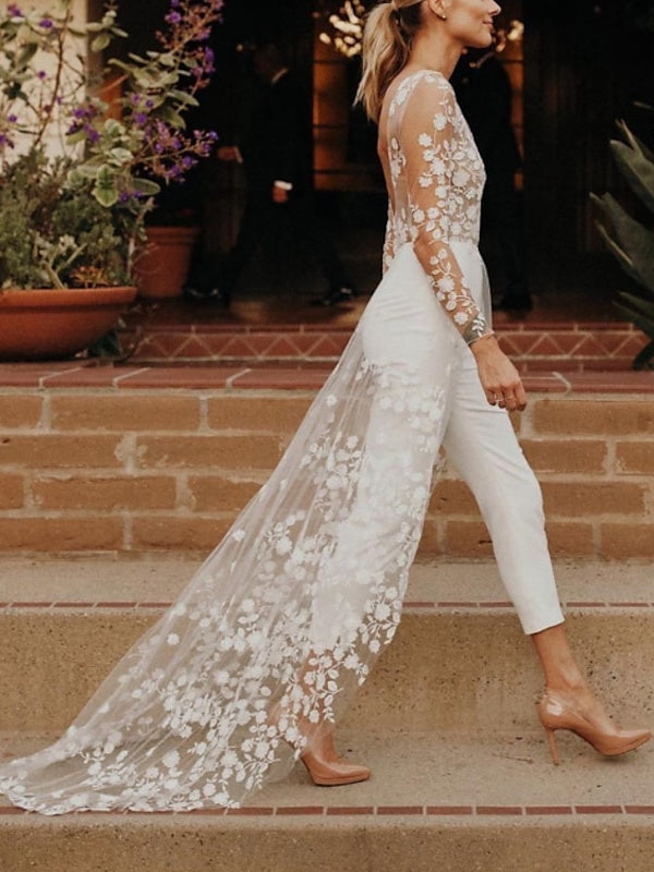 2026 Wedding Pantsuits Chic Women's Appliques Scoop Neck Long Sleeves Backless Formal Wedding Guest Gowns with Flowers, Ivory 2026 Wedding Pantsuits Chic Women's Appliques Scoop Neck Long Sleeves Backless Formal Wedding Guest Gowns with Flowers, Ivory