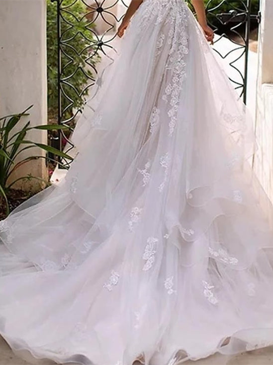 A-Line/Princess Sweetheart Wedding Dress Spaghetti Straps with Appliqu - Mondressy A-Line/Princess Sweetheart Wedding Dress Spaghetti Straps with Appliqu - Mondressy