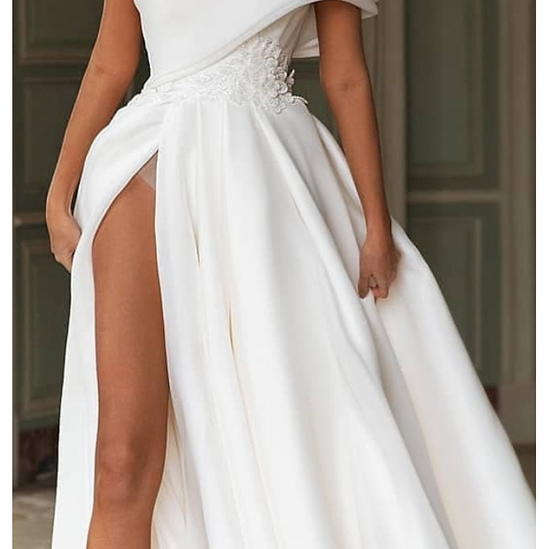 A-Line/Princess One Shoulder Wedding Dresses Court Train With Appliques Split Front