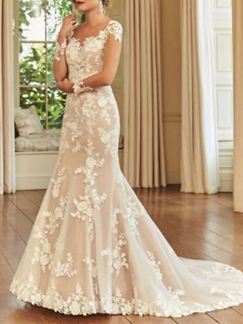 Mermaid/Trumpet Illusion Neck Long Sleeve Wedding Dresses Court Train with Embroidery