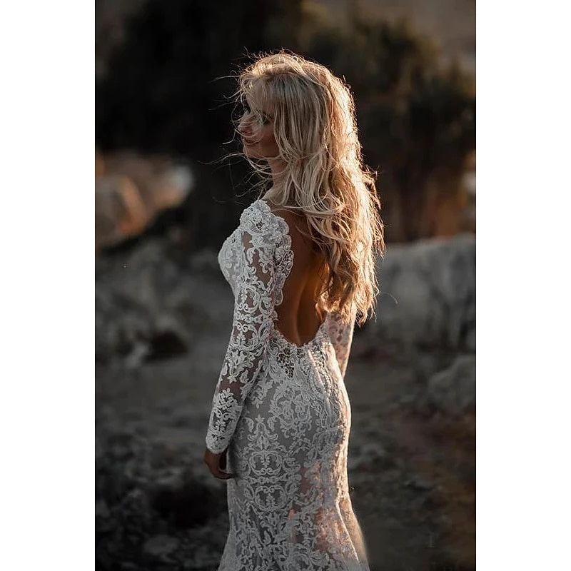 long sleeve mermaid/trumpet wedding dresses fitted lace wedding dress Vintage Mermaid/Trumpet Square Neck Long Sleeves Ruched Lace Wedding D VOS LEE