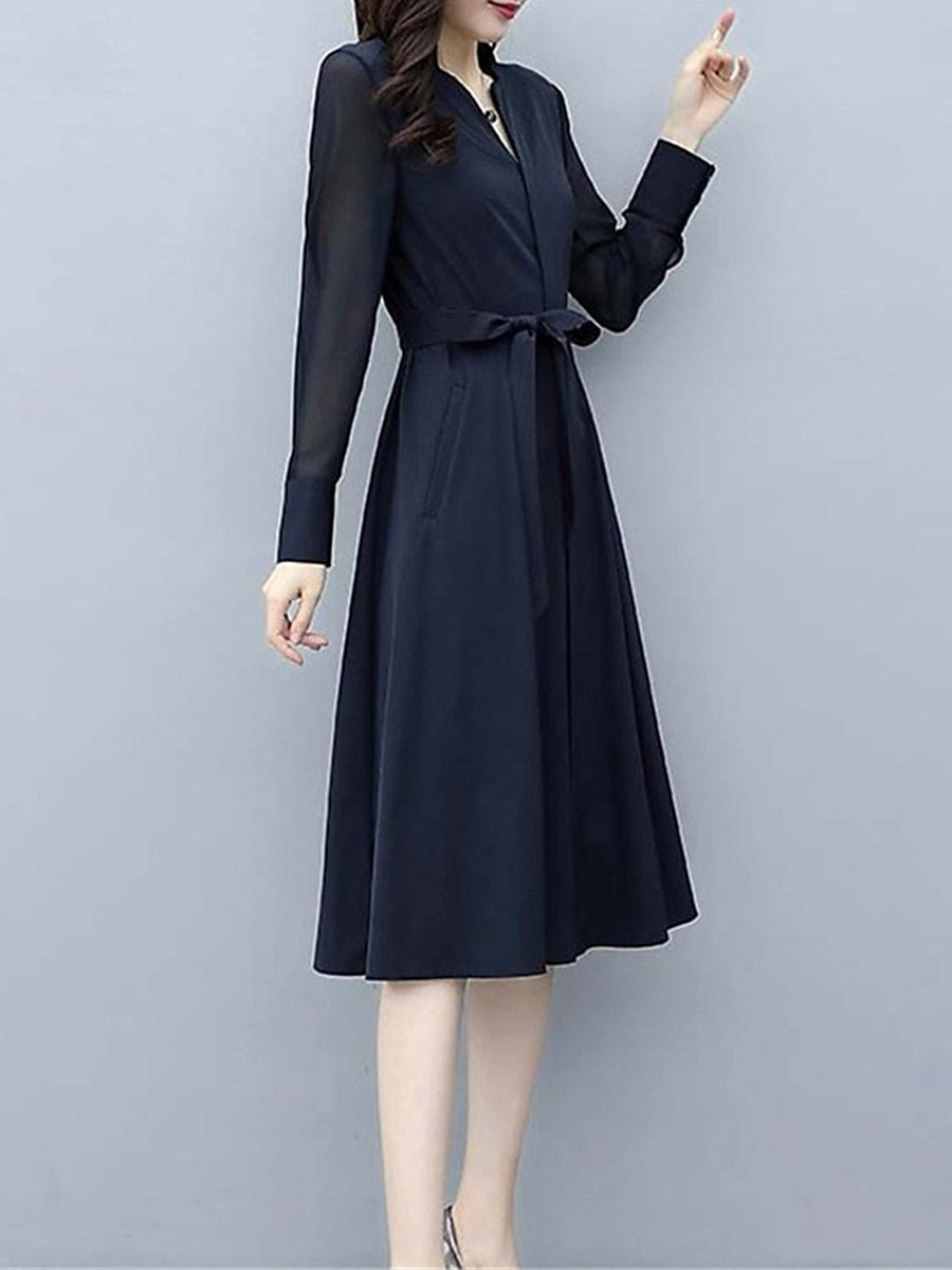 Navy Wedding Guest Dress 2026 Long Sleeve A Line Formal Midi Dress with Waist Tie and Split Neck, S / Dark Blue Navy Wedding Guest Dress 2026 Long Sleeve A Line Formal Midi Dress with Waist Tie and Split Neck, S / Dark Blue