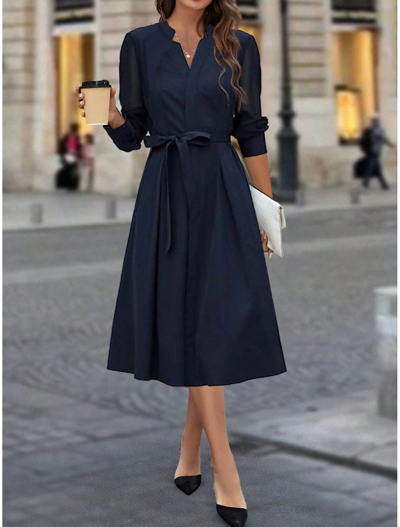 Navy Wedding Guest Dress 2026 Long Sleeve A Line Formal Midi Dress with Waist Tie and Split Neck, S / Dark Blue