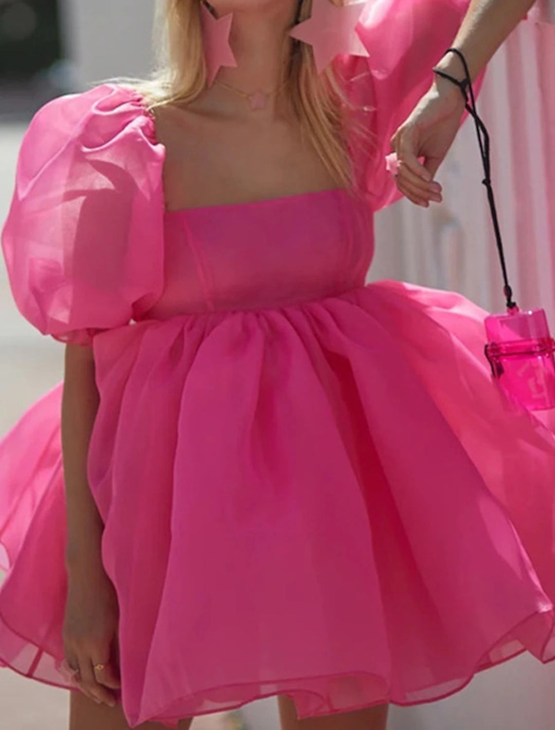 Pink Wedding Guest Dress 2026 Puff Sleeve Organza Mini Dress Square Neck A Line Cute Elegant Party Cocktail Dress, Pink Pink Wedding Guest Dress 2026 Puff Sleeve Organza Mini Dress Square Neck A Line Cute Elegant Party Cocktail Dress, Pink