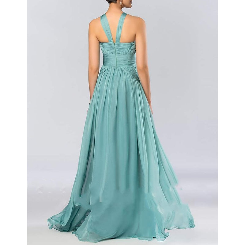 A Line/Princess Halter Neck  Sleeveless Elegant Floor-Length Wedding Guest Dress