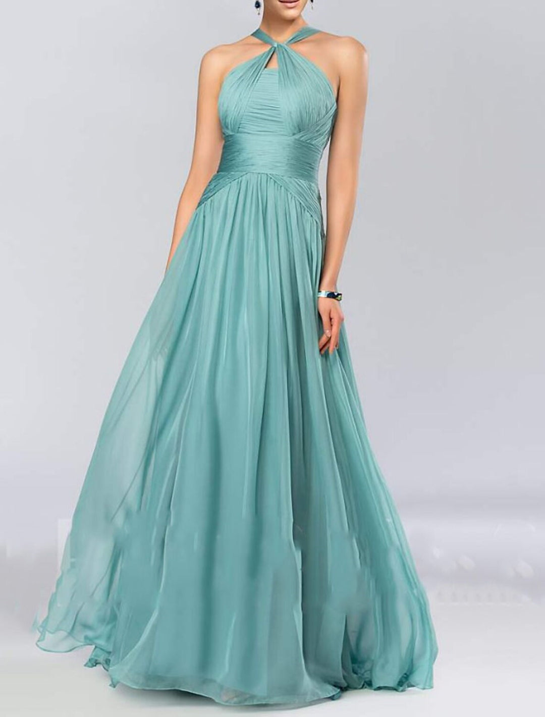 A Line/Princess Halter Neck  Sleeveless Elegant Floor-Length Wedding Guest Dress